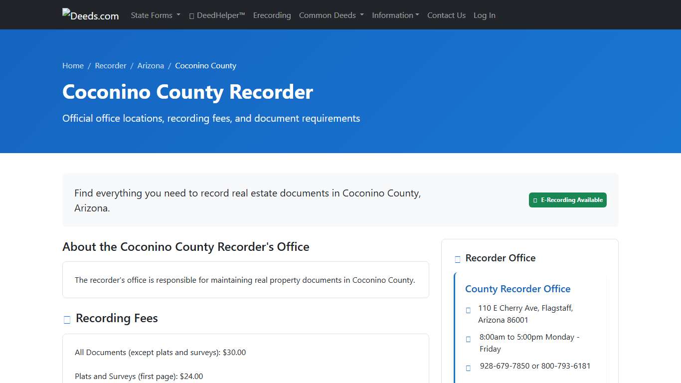 Coconino County Recorder Information, Arizona - Deeds.com